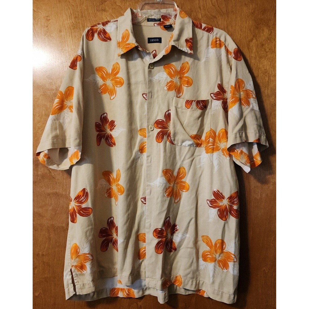 Izod men's Washable Silk Hawaiian Aloha Shirt Sz XL Red Tan Orange Tropical